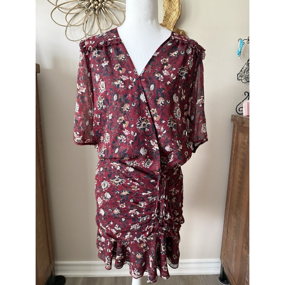 Veronica Beard Dakota Dress 8 Bordeaux Floral Silk Ruched Mini NWT $495 Flaw